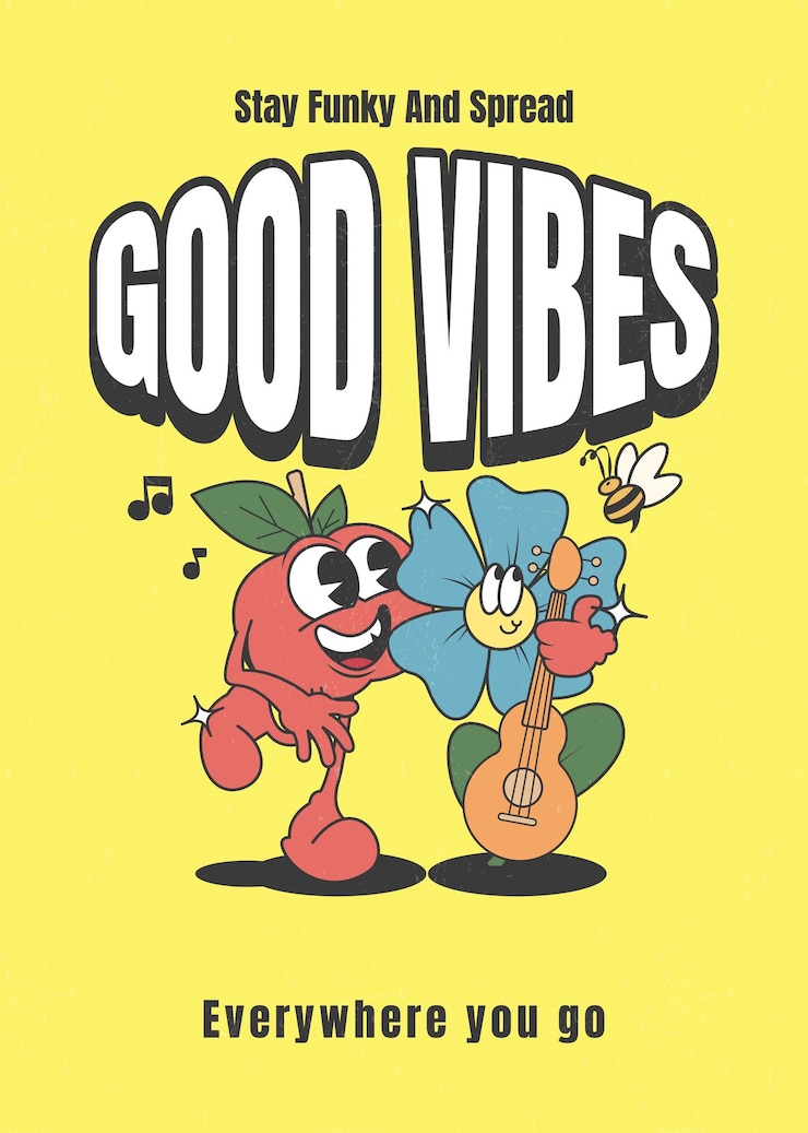 Vektor grooviges 70er-jahre-poster mit positiven zitaten und retro-cartoons in trendiger vektorillustration