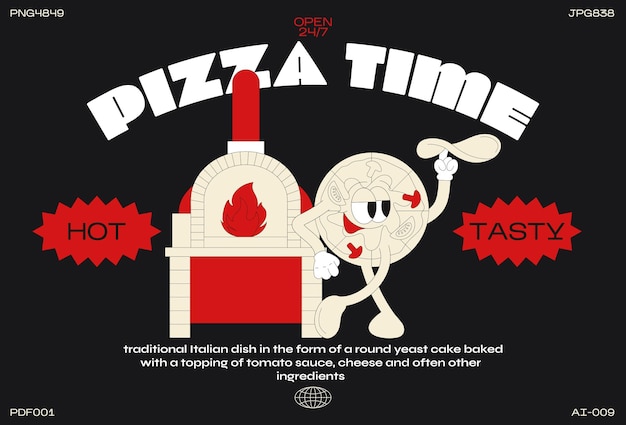 Grooviges cartoon-charakter-pizza-illustrations-fast-food-italienisches-food-typografie-poster