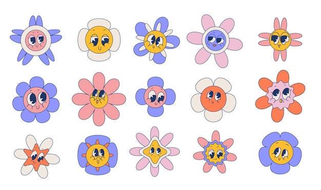 Vektor groovy daisy blumen mit groovy retro cartoon gesichter sammlung retro kamille lächeln in cartoon