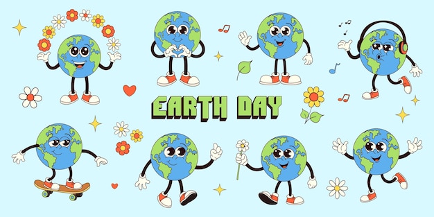 Vektor groovy earth maskottchenfiguren für den earth day-satz vektorillustration für postkarten, plakate, banner