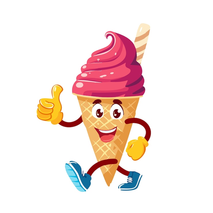 Vektor groovy fast-food-eisfigur mit einem lebhaften ausdruck, die fröhlich geht und einen daumen gibt