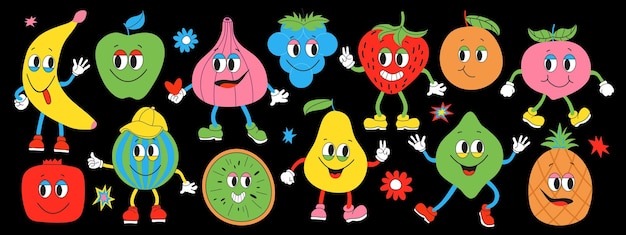 Vektor groovy fruits-set früchte-retro-cartoonfiguren auf dunklem hintergrund handzeichnung lustige retro-vintag