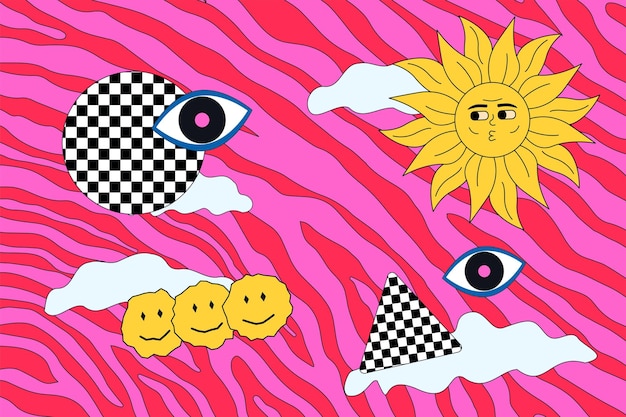 Groovy hippie abstrakte illustration fröhliche sonne auf dem hintergrund von acid zebra psychedelische farbenfrohe kunstwerke