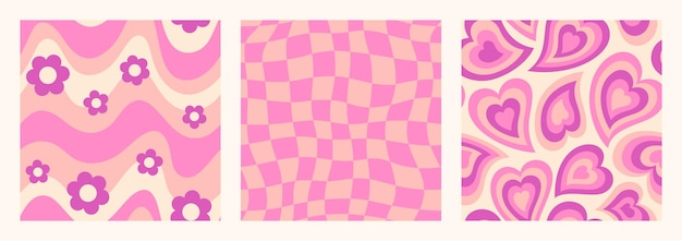 Groovy seamless patterns set mit wellen und gänseblümchen-blumen schachbrett und herzen psychedelischer vektorhintergrund