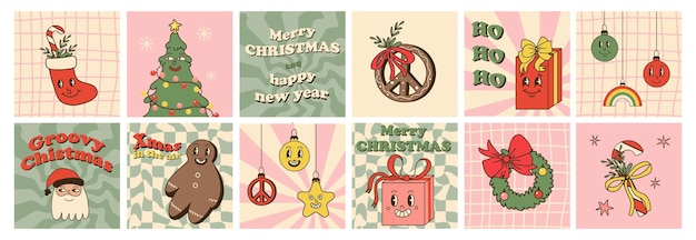 Groovy weihnachtsplakate oder banner in sozialen medien grußkarte comic-retro-winterfiguren hippie