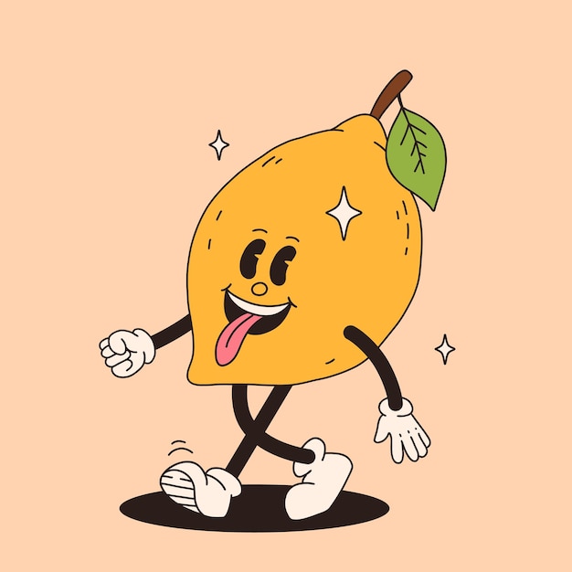Groovy Zitronen-Maskottchen Funky Retro-Kartoonfigur Lemon lächelnd laufen Lustig