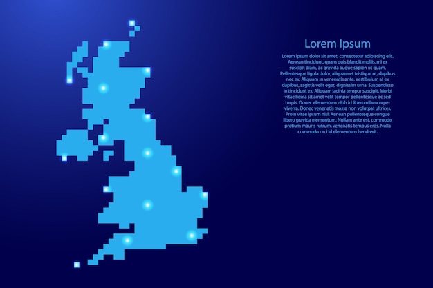 Vektor großbritannien-kartensilhouette aus blauen quadratischen pixeln und leuchtenden sternen. vektor-illustration.