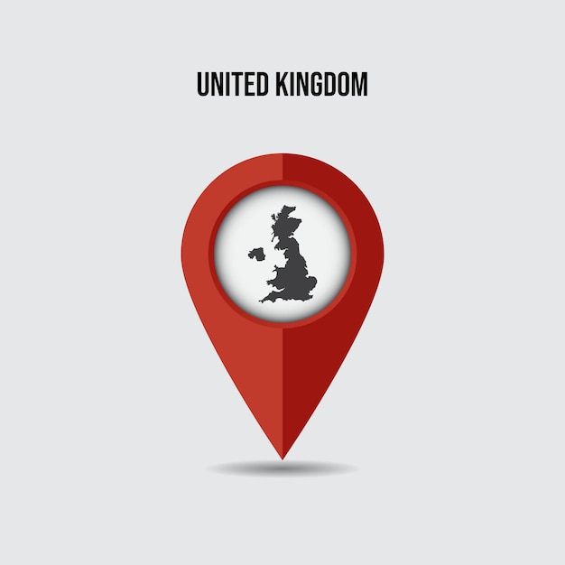Großbritannien uk-karte auf positionsstift. 3d-zeiger mit karte auf einem hintergrund isoliert.