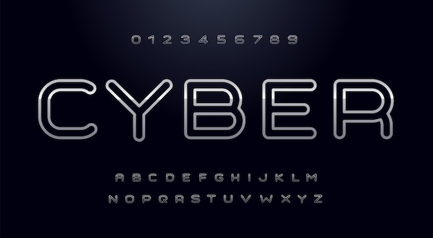 Großbuchstaben der cyber-schriftart mit glänzender metallkontur stilisierter cyberspace-schriftsatz mit großbuchstaben