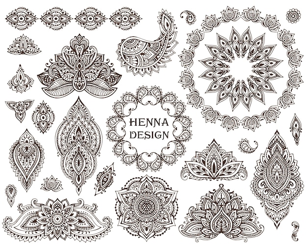 Vektor große auswahl an floralen henna-elementen und rahmen, die auf traditionellen asiatischen ornamenten basieren
