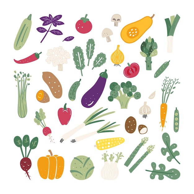 Große Auswahl an verschiedenen Gemüse- und Gemüsesorten im Doodle-Stil Vegetarische und vegane gesunde Bio-Lebensmittel