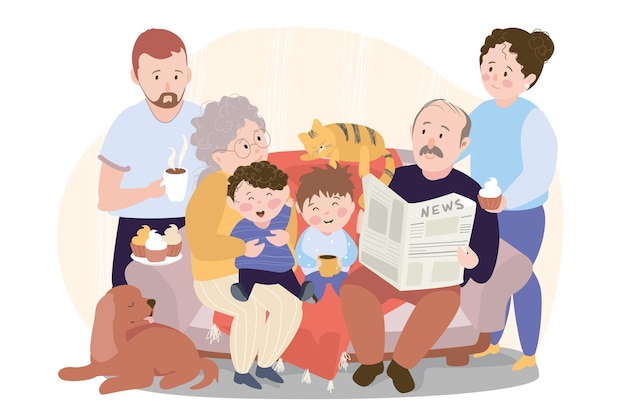 Große familie sitzt auf sofakonzepthintergrund. großvater und großmutter mit enkelkindern, mutter und vater, hund und katze im wohnzimmer. vektor-illustration im flachen cartoon-design