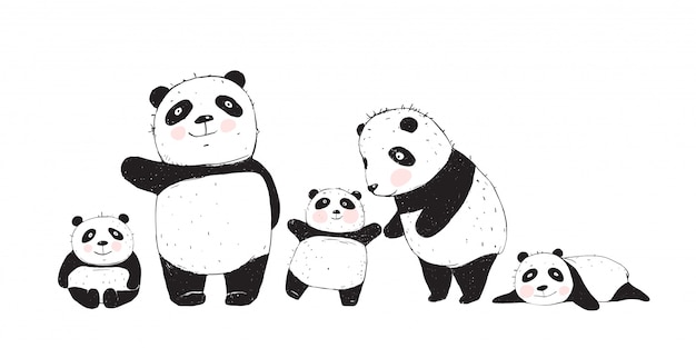 Große familie von pandas eltern und kindern