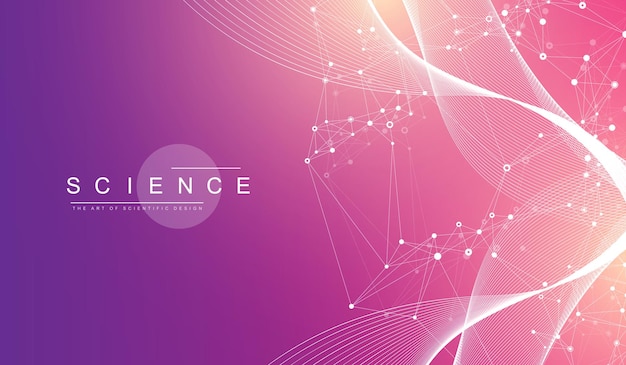 Große genomische Datenvisualisierung. DNA-Helix, DNA-Strang, DNA-Test. CRISPR CAS9 - Gentechnik. Molekül oder Atom, Neuronen. Abstrakte Struktur für Wissenschaft oder medizinischen Hintergrund, Banner. Wellenfluss.