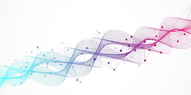 Große genomische datenvisualisierung. dna-helix, dna-strang, dna-test. molekül oder atom, neuronen. abstrakte struktur für wissenschaft oder medizinischen hintergrund, banner. wellenfluss.