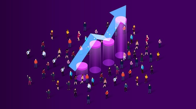 Große gruppe von menschen, die um wachsendes diagramm herumstehen menschen drängen statistikkonzept