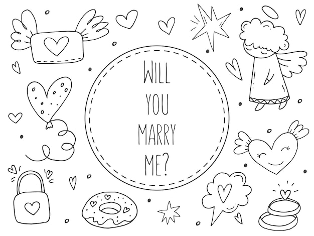 Große menge süßer, handgezeichneter doodle-elemente über die liebe nachrichtenaufkleber für apps symbole für romantische valentinstags-events und hochzeiten
