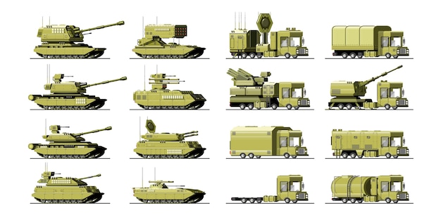 Vektor große militärische ausrüstung. schwer, reservierungen und sondertransport. ausrüstung für den krieg. die rakete, panzer, lastwagen, gepanzerte fahrzeuge, artilleriegeschütze. isolierte objekte. illustration