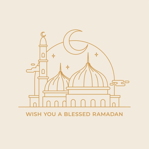 Große moschee landschaft monoline handzeichnung stil vektorillustration für ramadan eid vorlage