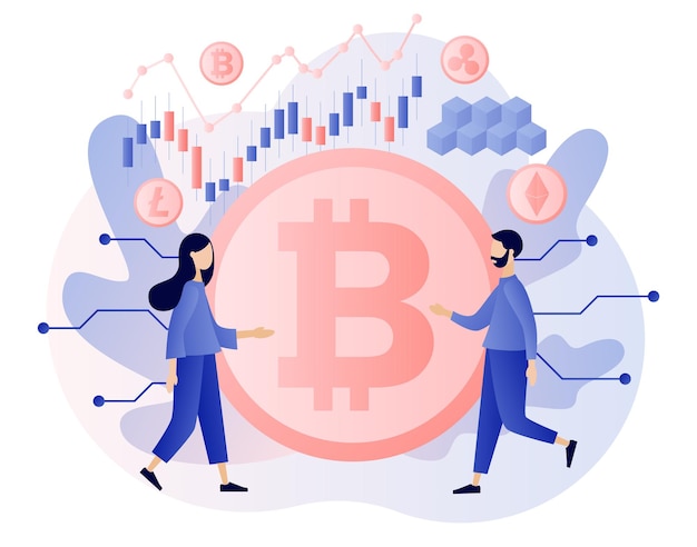 Große Münzen und kleine Leute handeln und investieren in Kryptowährung Bitcoin Altcoin Digital Web