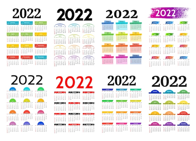 Große reihe von kalendern für 2022 isoliert auf weißem hintergrund. sonntag bis montag, geschäftsvorlage. vektorillustration