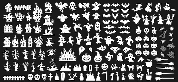 Große Reihe von Silhouetten von Halloween auf schwarzem Hintergrund Vektor-Illustration