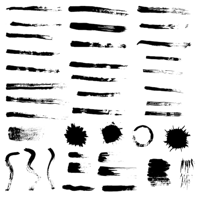 Große sammlung schwarzer tinte, vektorpinselstriche, quasten, grunge-pinsellinien. schmutzige dekorationselemente. isoliert auf weißem hintergrund. manuell zeichnen. vektor-illustration