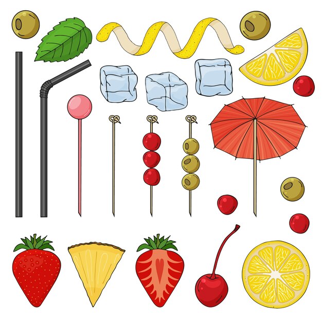 Große sammlung von elementen für die dekoration von cocktails.