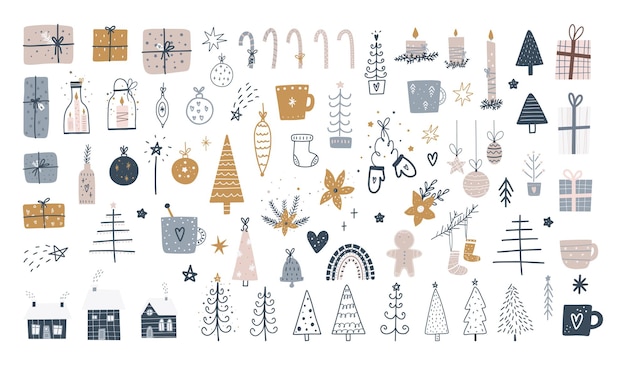 Große sammlung von symbolen für weihnachten und ein glückliches neues jahr. trendige handgezeichnete vektorillustration für poster und grußkarten. vektor-design-vorlagen