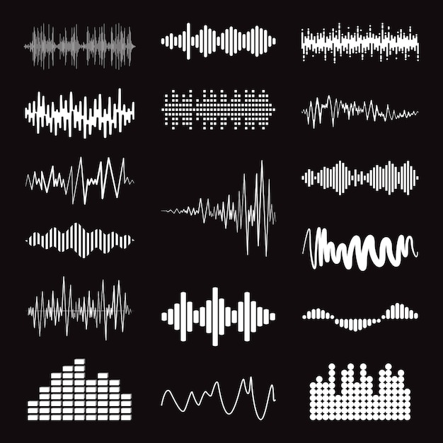 Große sammlung weißer musikwelle auf schwarzem hintergrund vektor-set isolierter audio-logos pulsspieler equalizer-symbole sound-design-elemente
