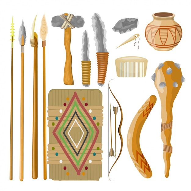 Große set items antike. prähistorische objekte. vektor-illustration