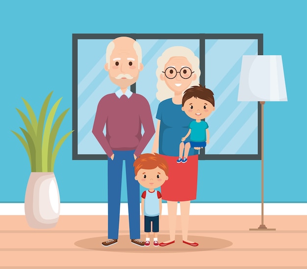 Großeltern mit Enkelkindern im Wohnzimmer
