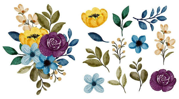 Großer botanischer Satz wilder Blumen Satz von separaten Teilen und zusammenbringen zu einem schönen Blumenstrauß in Wasserfarben auf weißer Hintergrund-Flachvektorillustration