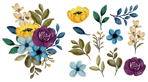 Vektor großer botanischer satz wilder blumen satz von separaten teilen und zusammenbringen zu einem schönen blumenstrauß in wasserfarben auf weißer hintergrund-flachvektorillustration