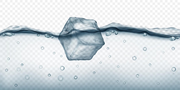 Großer durchscheinender grauer Eiskubus, der im Wasser schwebt und Luftblasen auf transparentem Hintergrund isoliert hat. Transparenz nur im Vektorformat