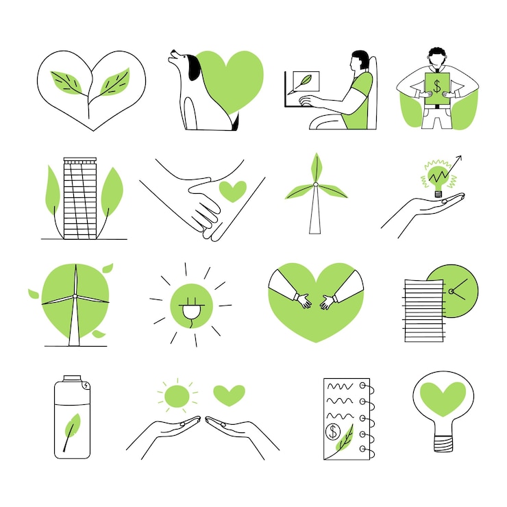 Vektor großer satz flacher konzeptioneller schwarzgrüner esg-symbole sammlung umwelttechnologischer und sozialer symbole vektorillustration