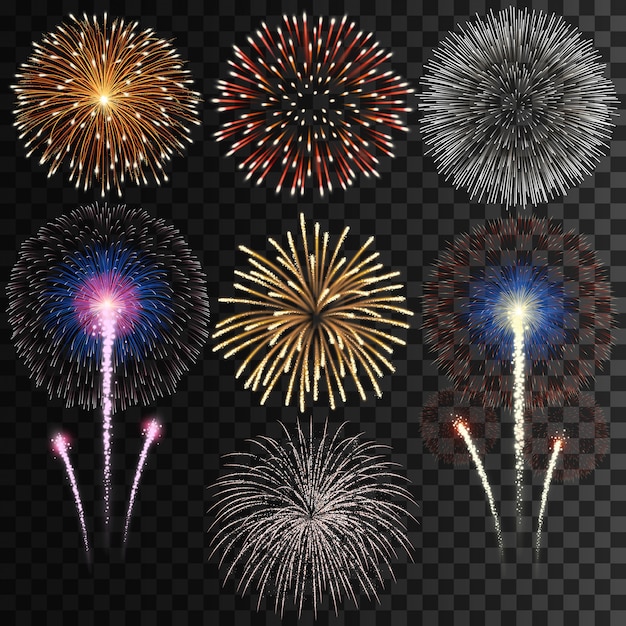 Großer Satz isoliertes Feuerwerk auf transparentem