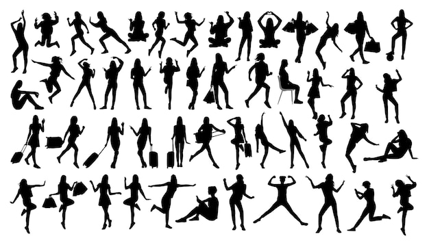 Vektor großer satz von 50 vektorsilhouetten, die mädchen in den unterschiedlichsten posen wie tanz, spaziergang, lauf usw. zeichnen