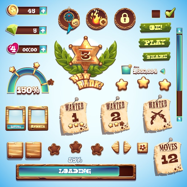 Großer Satz von Cartoon-Stilelementen für das Interface-Design im Spiel Wild West
