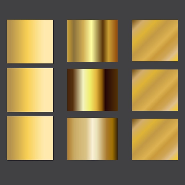 großer Satz von metallischen Goldgradienten Satz von Goldfolie Textur Hintergrund Goldener Kupfer Messing und m