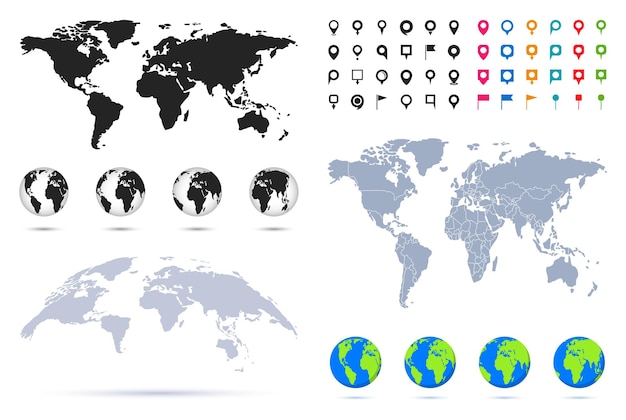 Vektor großer satz von weltkarten, globussen und standortpins