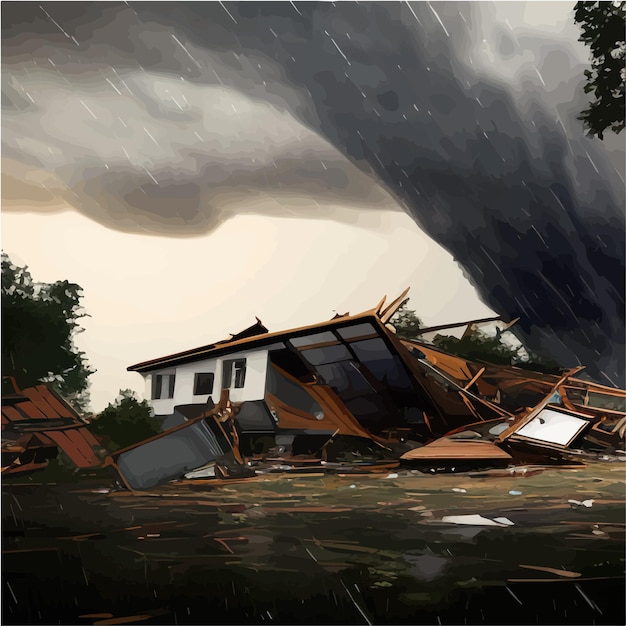 Vektor großer sturm, der einen tornado verursachte, der zerstörung verursachte, zerstörte häuser, dunkler himmel mit gewitterwolken und regen