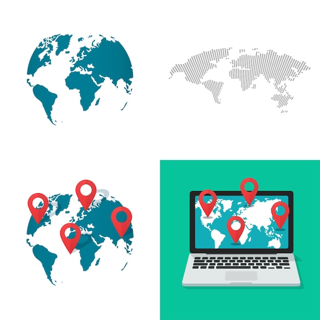 Großer weltkarten-formvektor als globus-erde-gps-standort-navigations-pin-zeiger