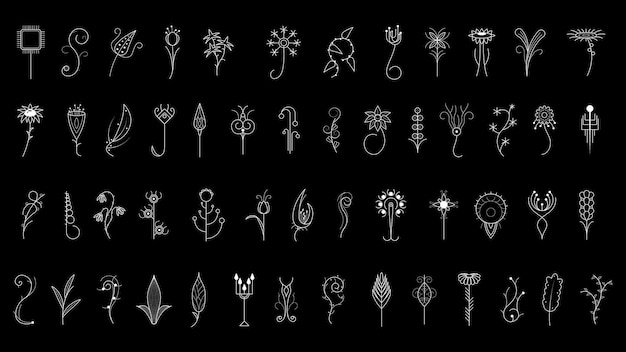 Großes Abstract-Set Doodle-Elemente Handgezeichnete Sammlung Botanische Kräuterflora Blattzweig Weinbaumblume
