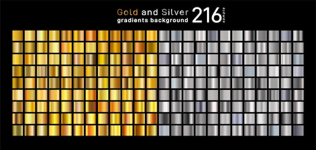 Vektor großes farbverlaufsset bestehend aus 108 goldenen und 108 silbernen glänzenden quadraten