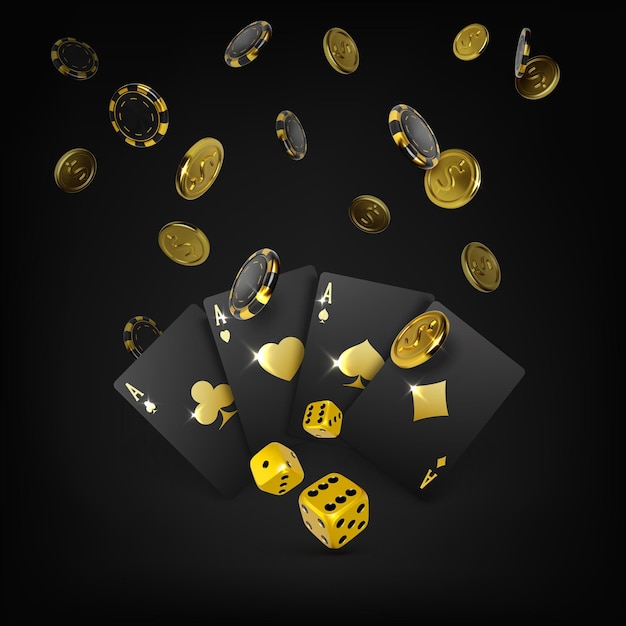 Großes Gewinnplakat des Casinos. Gold würfelt schwarze Spielkarten, vier Asse und fallende Pokerchips und goldene Münzen. 3D-Design-Element für Glücksspiel-Banner. Vektor-Illustration