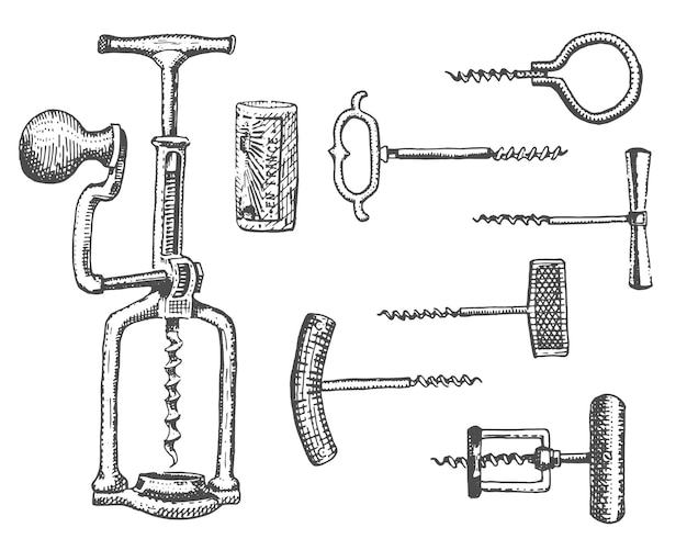 Großes korkenzieher-set im vintage-gravur-stil, handgezeichnet in scratchboard