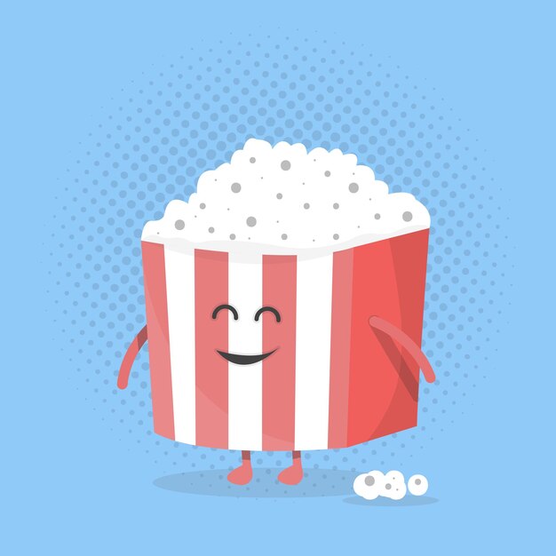 Großes popcorn-box-gesicht. charakter mit beinen und händen. kino-symbol flacher design-stil. vektor-illustration