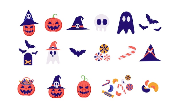 Großes Sammlungsset für Halloween-Symbole. Kürbis, Fledermäuse, Geist, Skelett, Süßigkeiten isolierter Vektor
