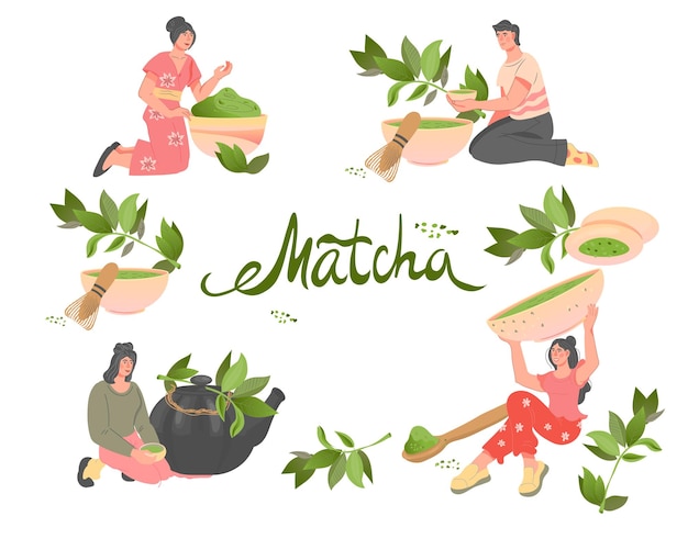 Großes Set mit Menschen, die Matcha Green Tea Flat Vector Illustration trinken